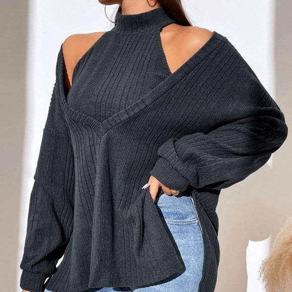 MODA ME COUTURE Tops - Casual Set Slit Hem Top & Halter Top Dark Grey